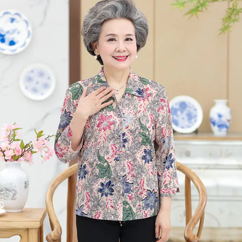 Middle Age Women Blouses 3/4 Sleeve Turn Down Collar Casual Shirt Mother Tops  5XL Floral Grandma Blusas Femininas