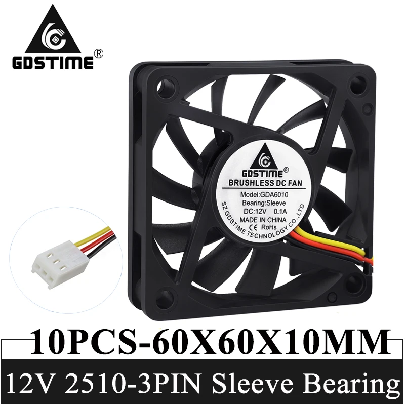 10 PCS LOT Gdstime 60mm 60 x 60 x 10mm Brushless 3Pin 12V DC Industrial Ventilation Cooler Fan