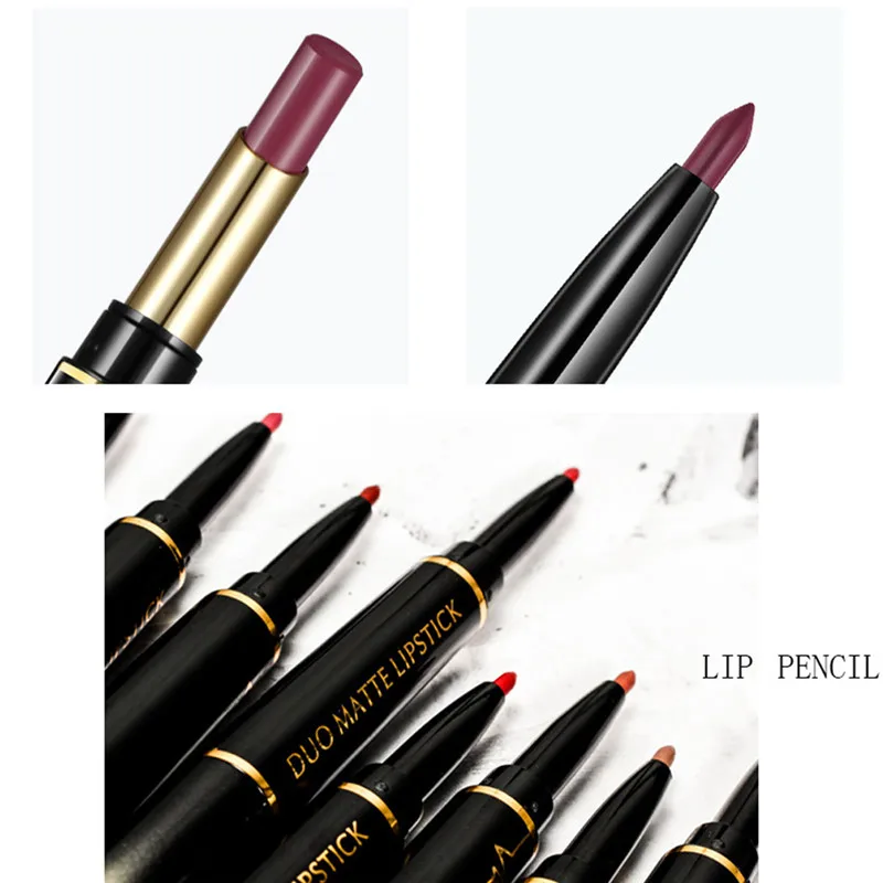 1pcs Matte Lip Liner & Lipstick, Double Ended Lip Pen Nude Makeup Tool, Long Lasting Color Rendering, Waterproof Lip Cosmetics