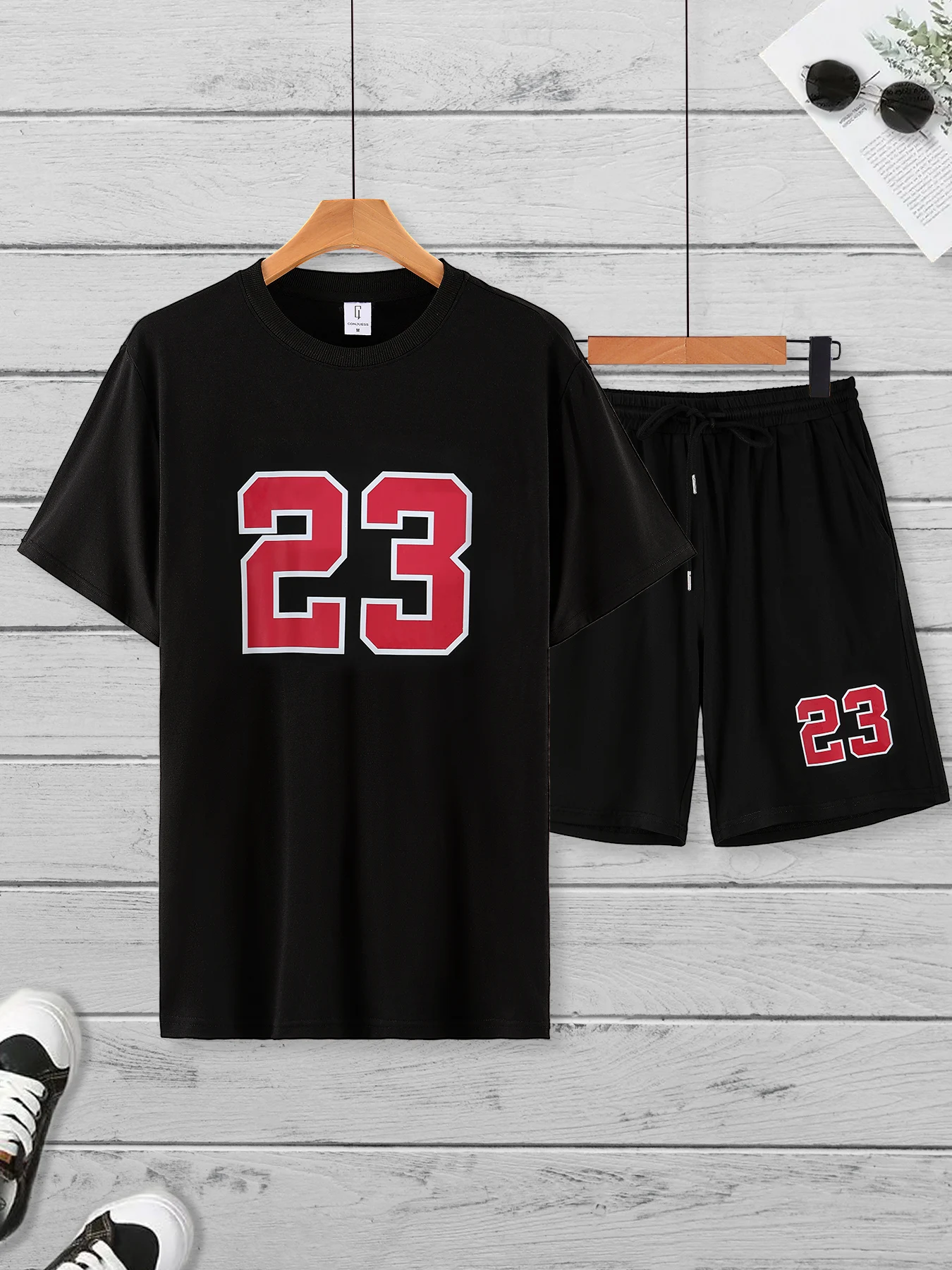 Men\'s 2 Pieces Summer Outfits, Casual and Sports Wear Set, Number 23 Printed T-Shirt and Drawstring Shorts
