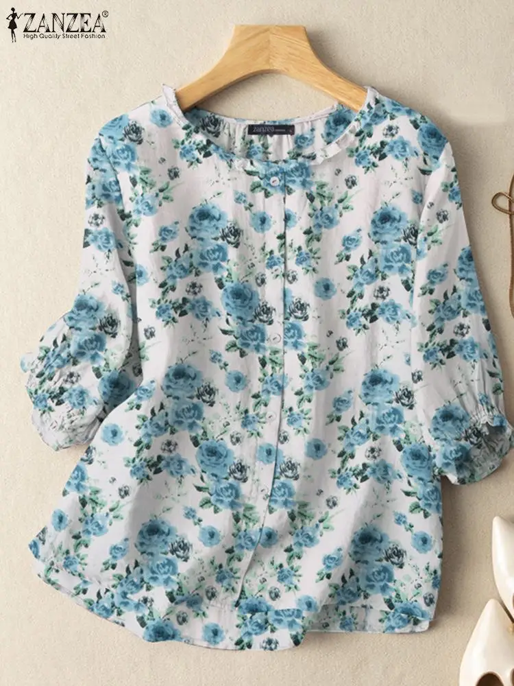 2024 ZANZEA Summer Bohemian Floral Printed Shirt Vintage Holiday Tops Tunic Casual Blouse Women O Neck 3/4 Sleeve Party Blusas