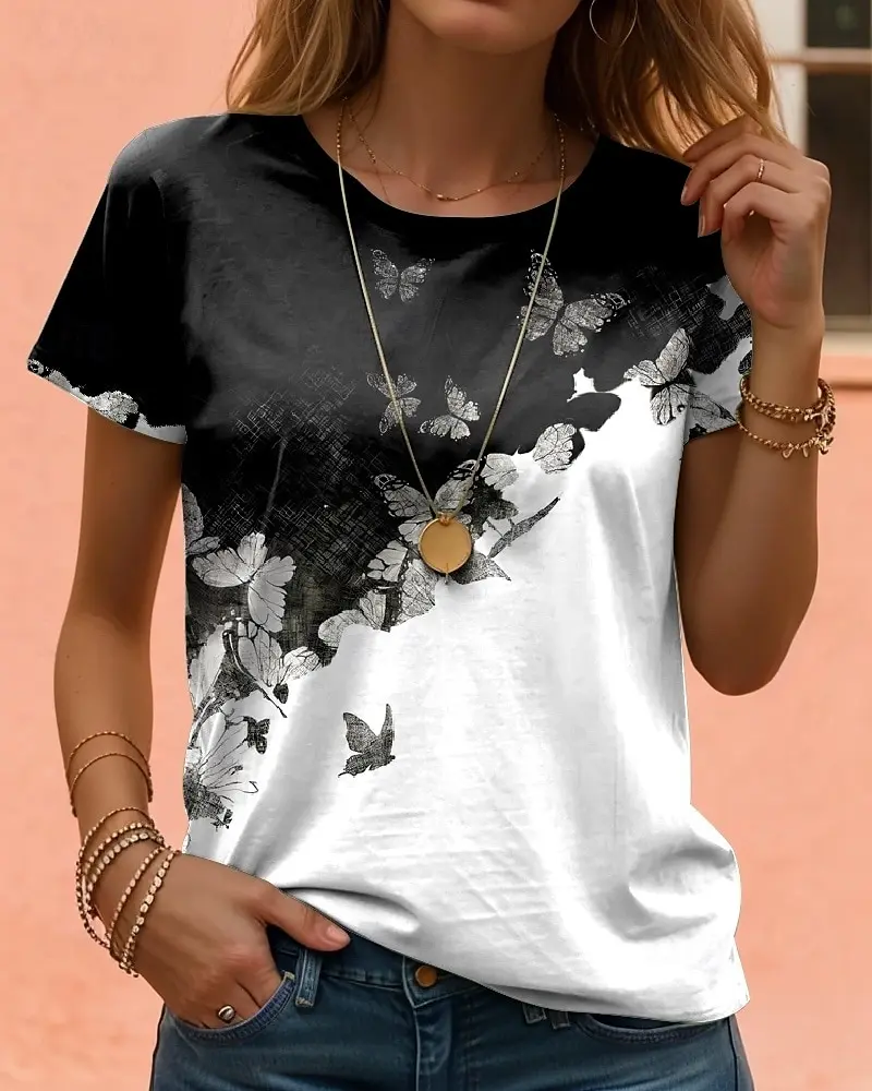 

Funny 3D Butterfly Print Women's T-Shirts Casual Round Neck Short Sleeve Tee Summer Loose Tops Fashion Versatile Female Clothing