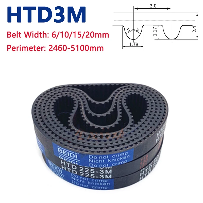 

HTD3M Timing Belt Rubber Closed Loop Synchronous Belt Arc Tooth Drive Belt Perimeter 2460-5100mm Width 6mm 10mm 15mm 20mm 1Pc