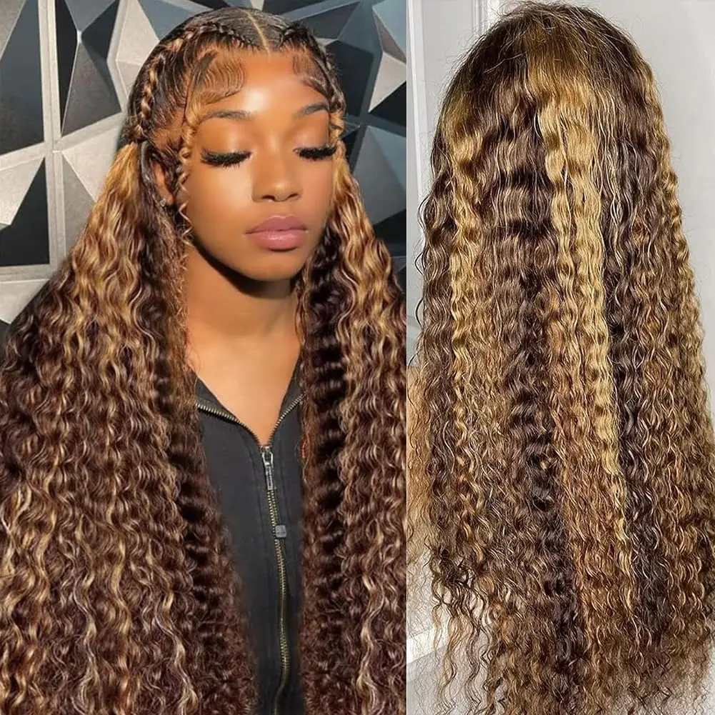 

Highlight Ombre 13x6 Deep Wave Lace Front Wig 4/27 Honey Blonde Human Hair Wig 13x4 Lace Frontal Wig Deep Curly Colored Wigs