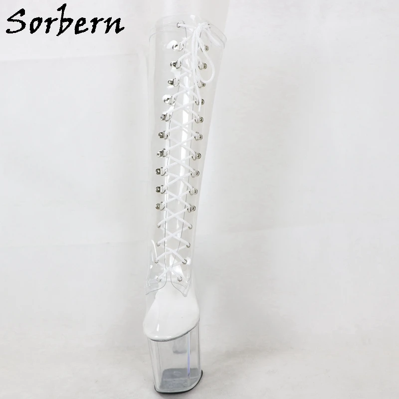 Sorbern 20Cm Perspex High Heel Pole Dance Boots Women Knee High Transparent Pvc Custom Leg