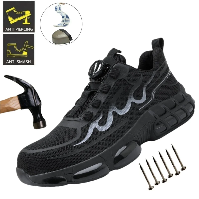 

Air-cushioned Sole Rotating Button Safety Shoes Men Work Sneakers Indestructible Shoes Puncture-Proof Protective Shoes Work Boot