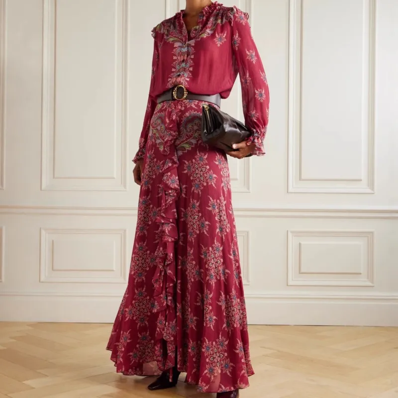 

Женская юбка в этническом стиле в стиле ретро с модной рубашкой с длинными рукавами с принтом в сочетании с юбкой в виде листьев лотоса, комплект из двух предметов