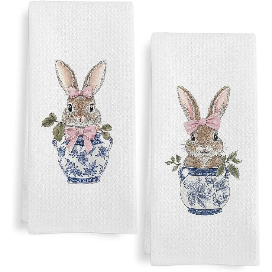 

Набор кухонных полотенец Chinoiserie Bunny из 2-х пасхальных сине-белых чайных полотенец с кроликом для кухни Coquette Bunny, полотенца для рук f