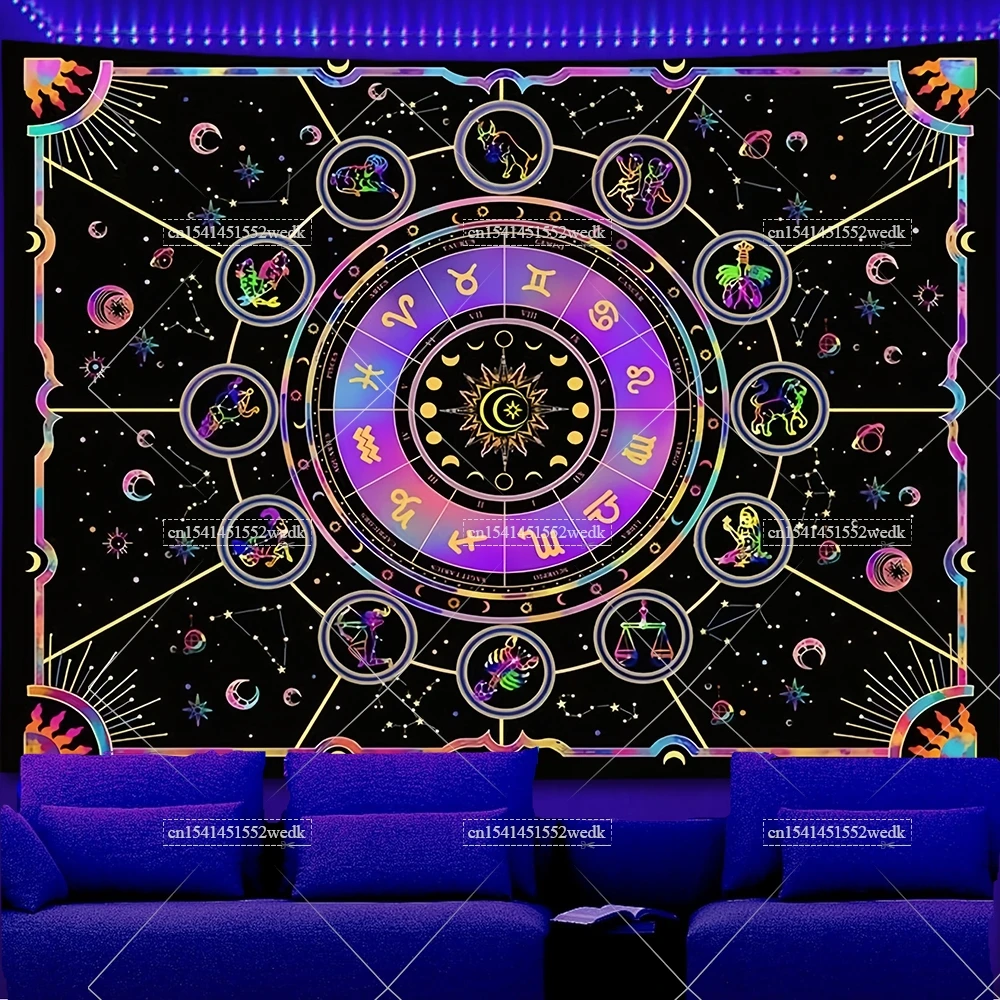 Blacklight زودياك علم التنجيم نسيج الأشعة فوق البنفسجية رد الفعل ستار كوكبة توهج في الظلام نسيج الجمالية النيون التارو المفروشات