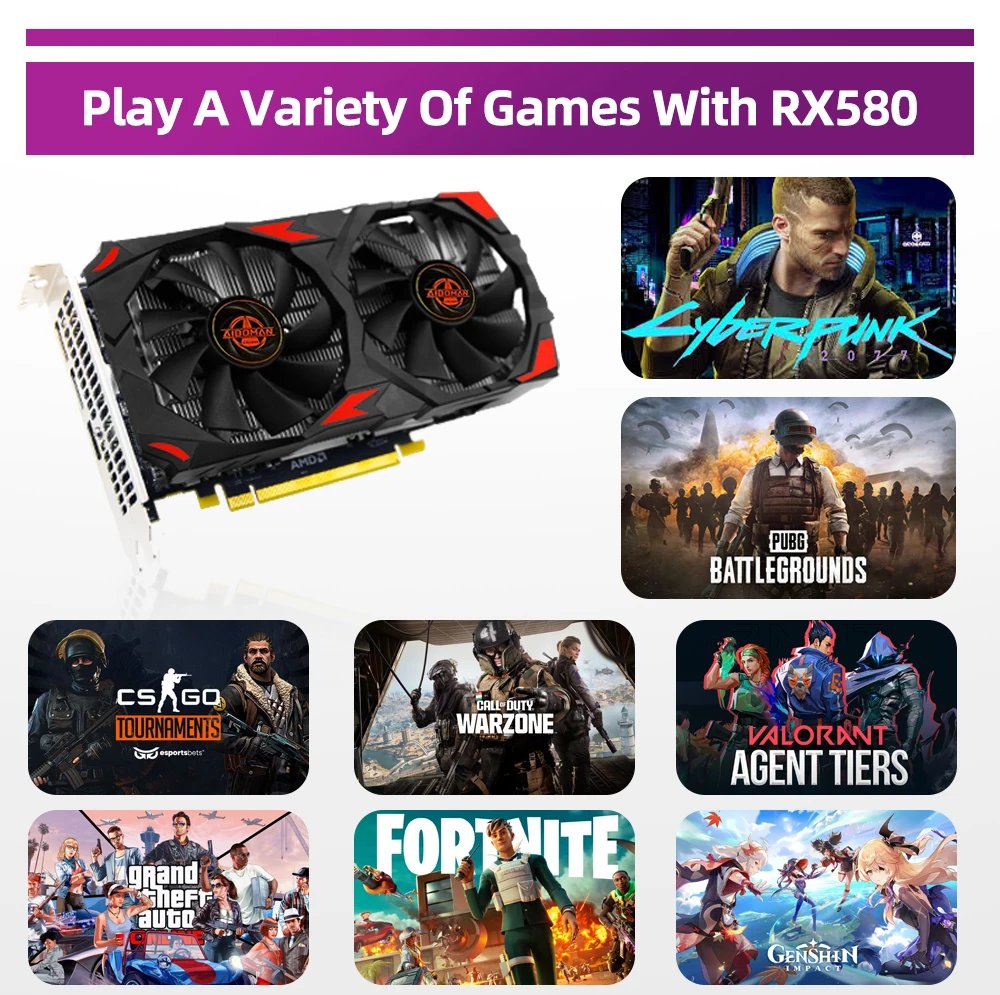 Radeon RX580 8G PCIE3.0x16 GDDR5 256Bit بطاقات الذاكرة بطاقة ألعاب الفيديو مناسبة لملحقات تجميع الكمبيوتر ﻿