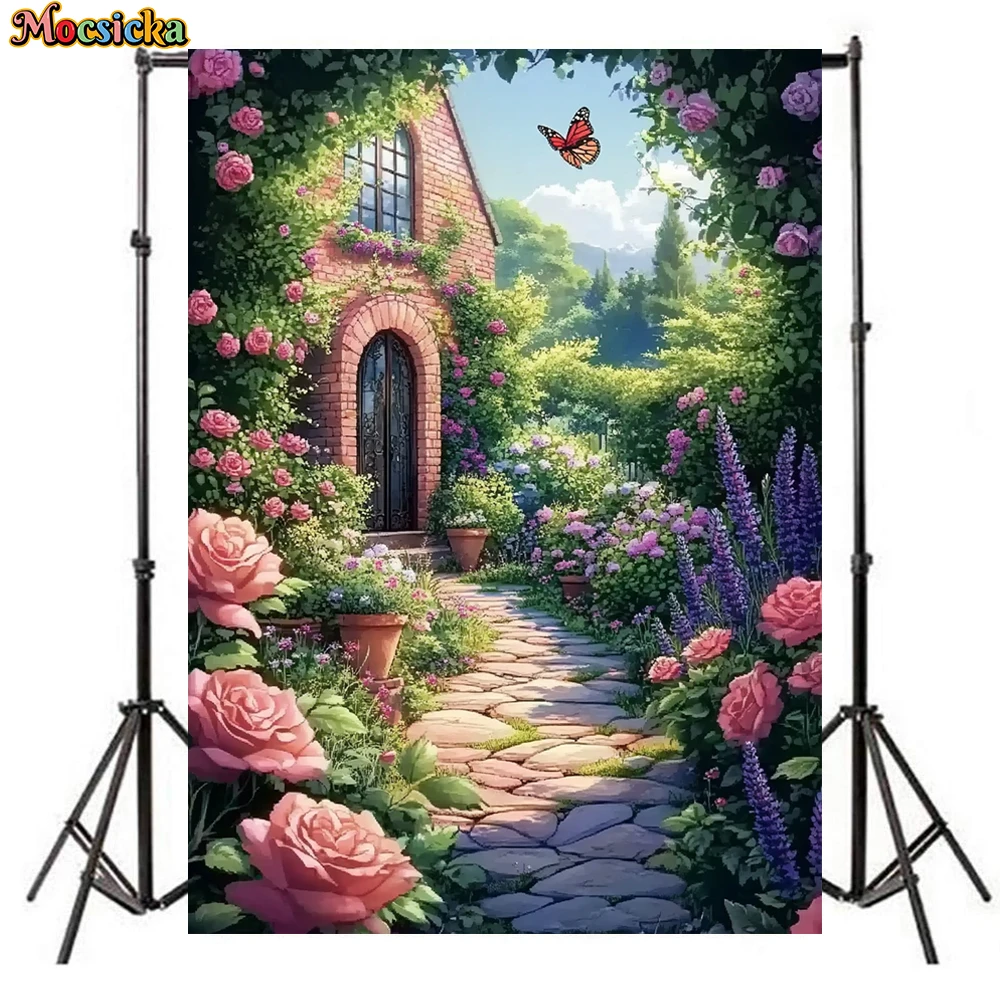 Mocsicka Garden Photography Backdrop Stone Path Blooming Rose Magical Cottage Background Wedding Bridal Shower Studio Photoshoot