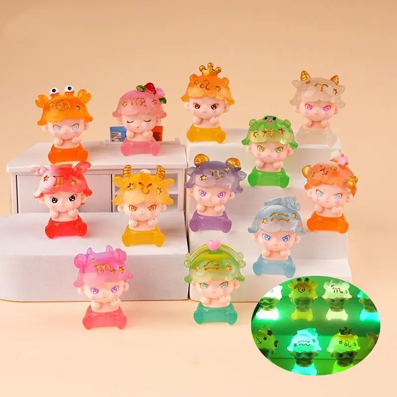 Cute Glow in Dark Zodiac Resin Figurines Set 12 Constellation Mini Statues Desktop Ornament Gift