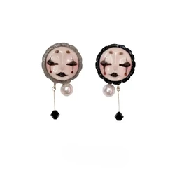 1 Pair of Dark Bunker Gothic Subculture Ceramic Doll Wide Faced Earrings Inlaid Pearl Tassels Unique Hobby Jewelry Gifts