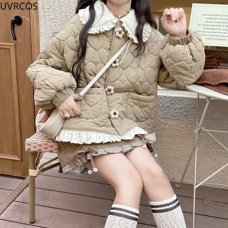 Chaqueta holgada y cálida de estilo coreano para mujer, parka elegante con cuello de volantes, Abrigo acolchado estilo japonés Harajuku Kawai, 2023