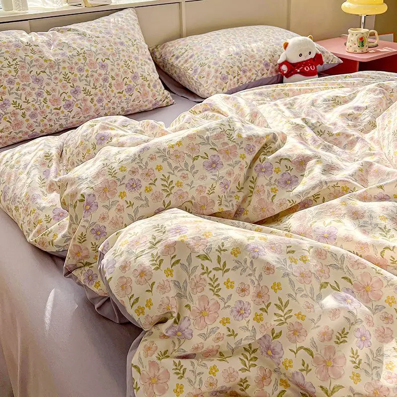 Purple Floral Duvet Cover Set Single Queen Size Girls Flat Sheet Pillowcase No Filler Ins Korean Home New Bedding Set