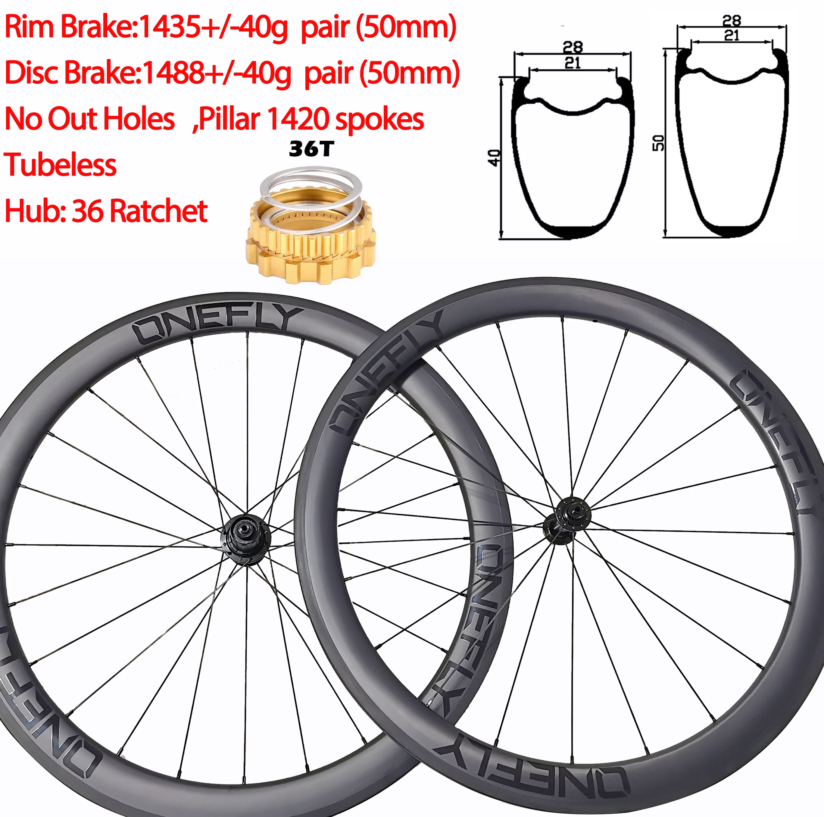 ONEFLY Width 28mm Super Light Carbon Road Bike Wheels Clincher Tubeless 36 Ratchet Disc Rim V Brake 40/45/50/55mm Wheelset 700C