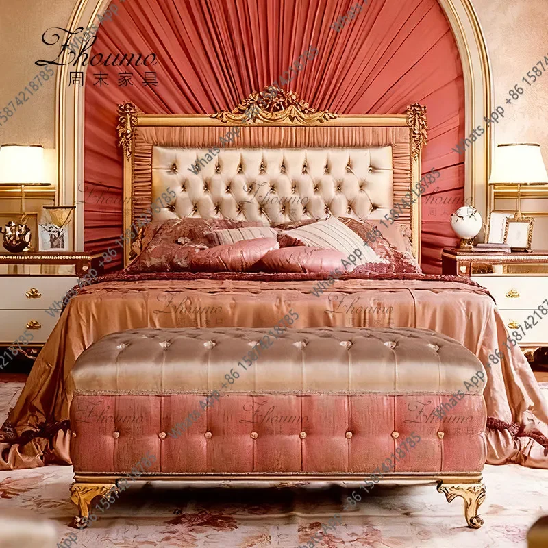 X32 American Carved Pull Button Fabric Bed Retro Simple Red Velvet Double Bed French Light Luxury Soft Bag Backrest Bed