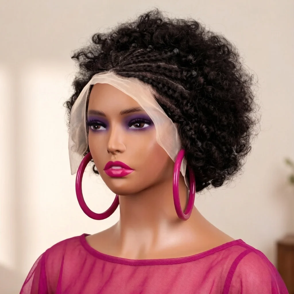 Braided Wigs for Women Human Hair Afro Puff Lace Frontal Hair Wigs Afro KinkyCurly Human Hair 13x4 Lace Front