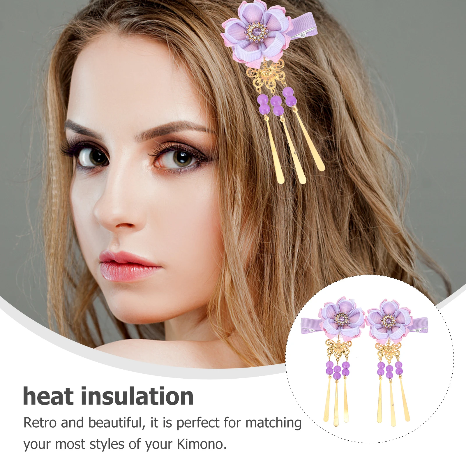 

1 Pair Japanese Style Clip Lightweight Durable Kimono Headdress Tassel Hair Ornament Women Flower Hairpin Hair Clamp