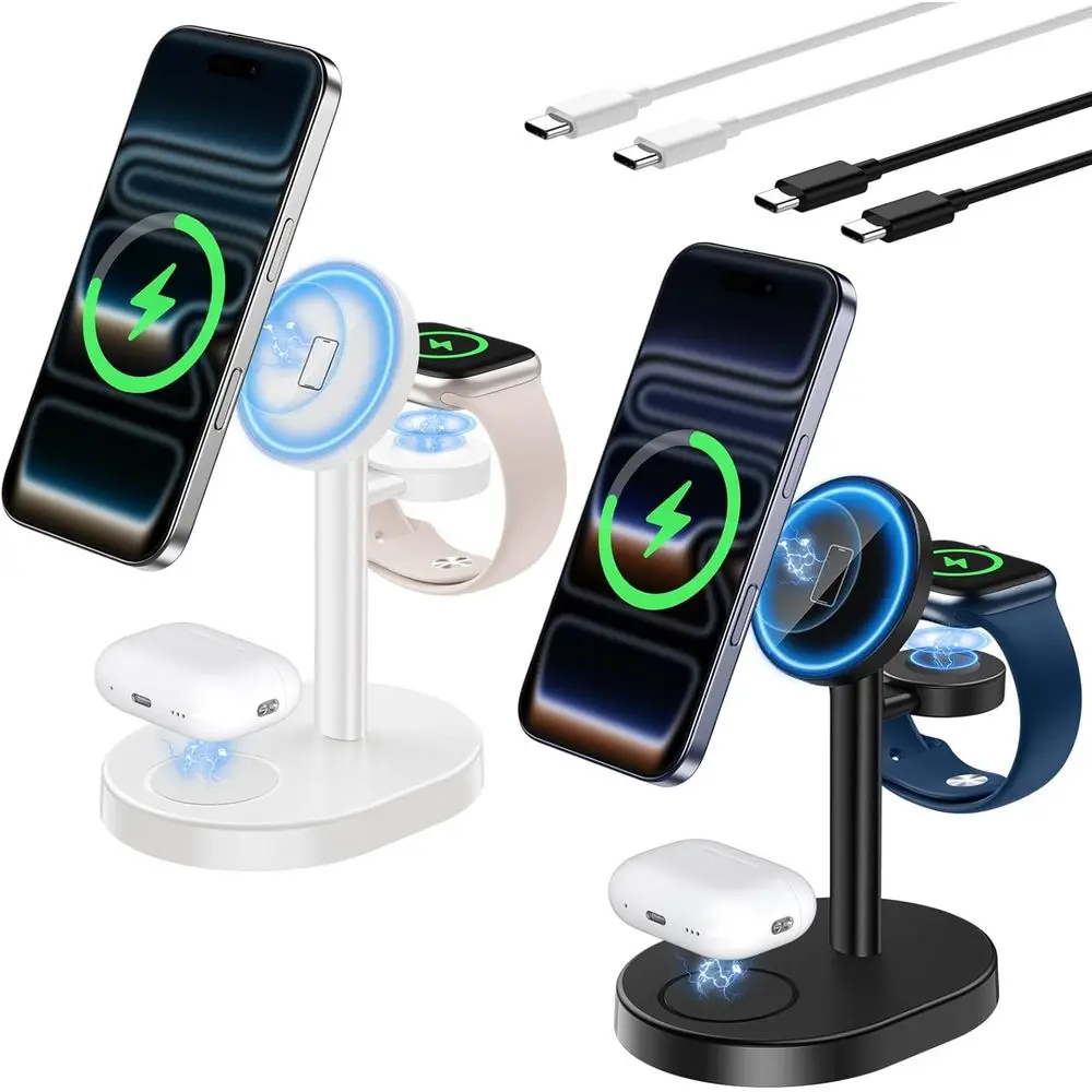 

2026 3-in-1 Wireless Charging Station, 15W Fast Magnetic Stand for iPhone 17-12, Watch, AirPods (Adaptor Not Included), 2 Pack B