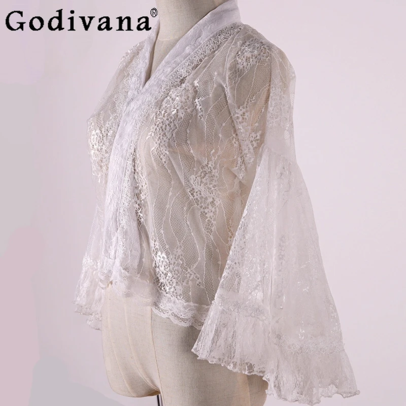 

Elegant Lolita China Sexy Lace Hollow Flare Sleeve Bottoming Shirt 2025 Summer New Temperament V-neck Versatile Sweet Girl Top