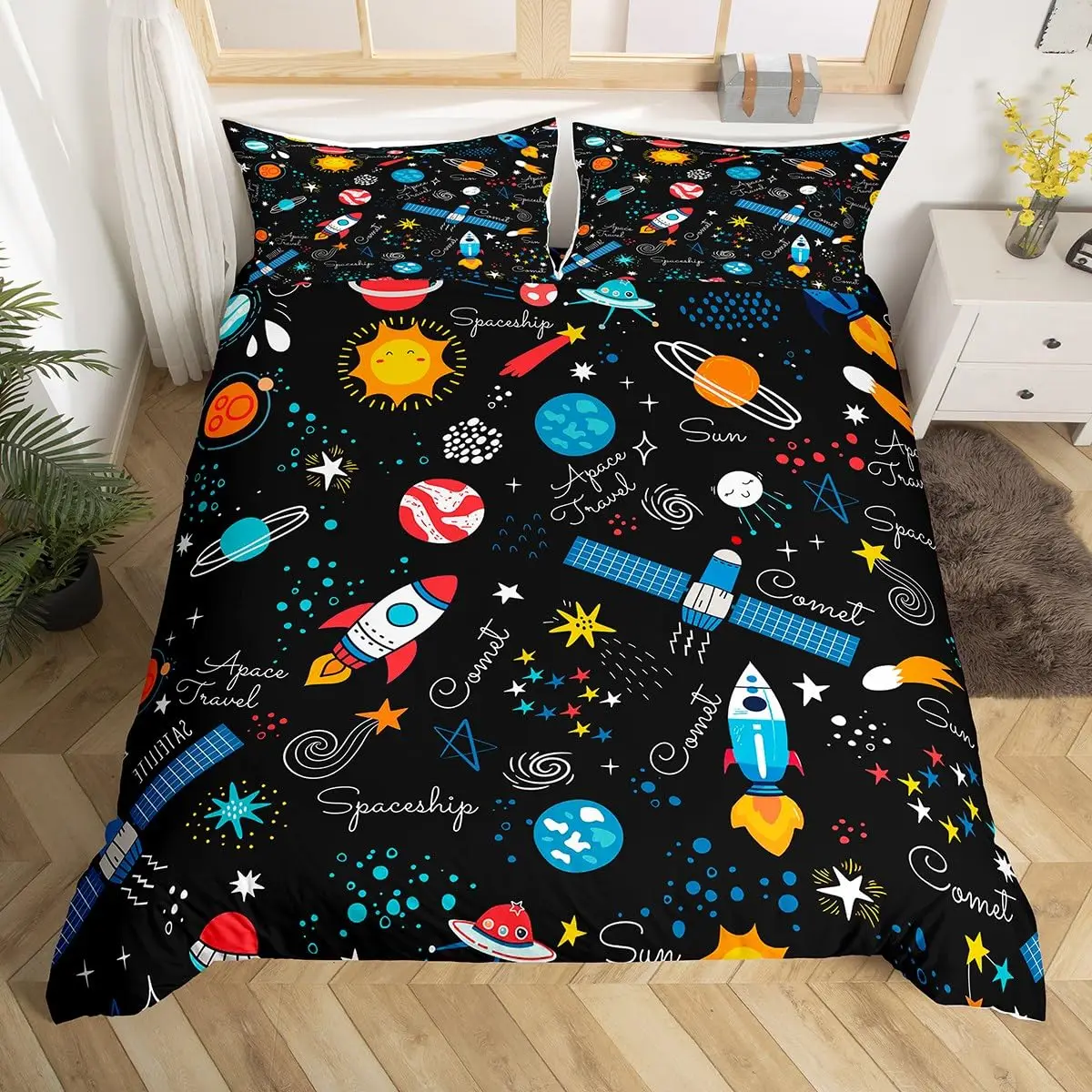 Kids Outer Space Bedding Set Space Ship Rocket Duvet Cover Universal Planet Stars Comforter Cover Cosmos Meteorite Quilt Cover