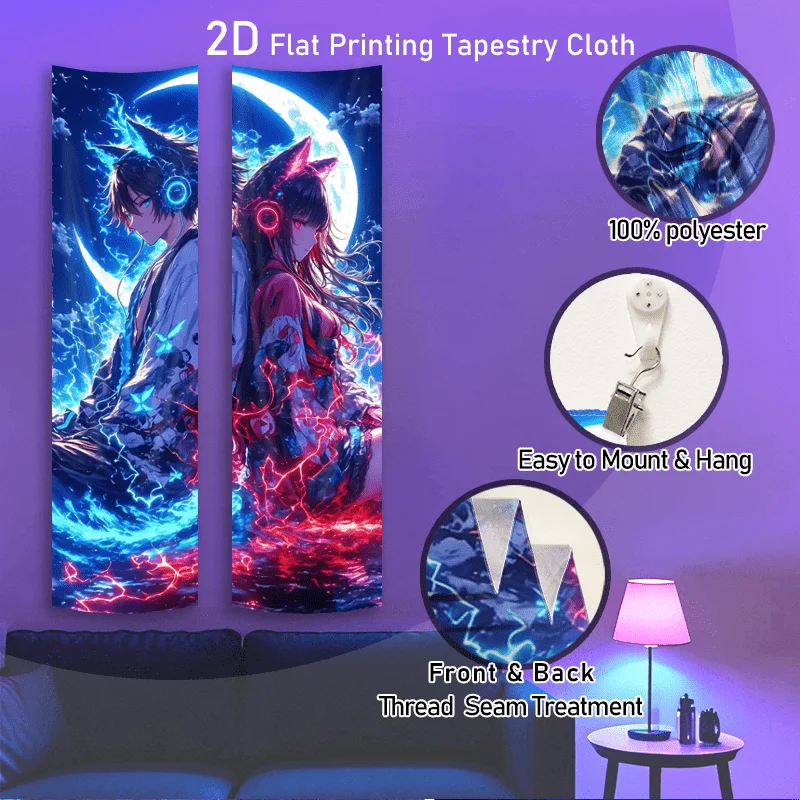 Vertical Anime Fox Ear Tapestry, 2D Flat Japanese Manga Wall Hanging, Neon Cyberpunk Decor for Living Room Bedroom, Ideal Gift f