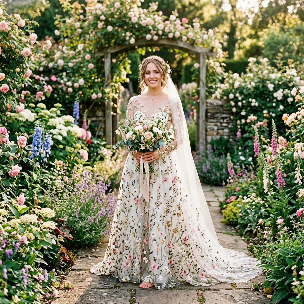 Illusion Neck Long Sleeve Floral Embroidered Tulle A Line Wedding Dress Bohemian Garden Bridal Gown