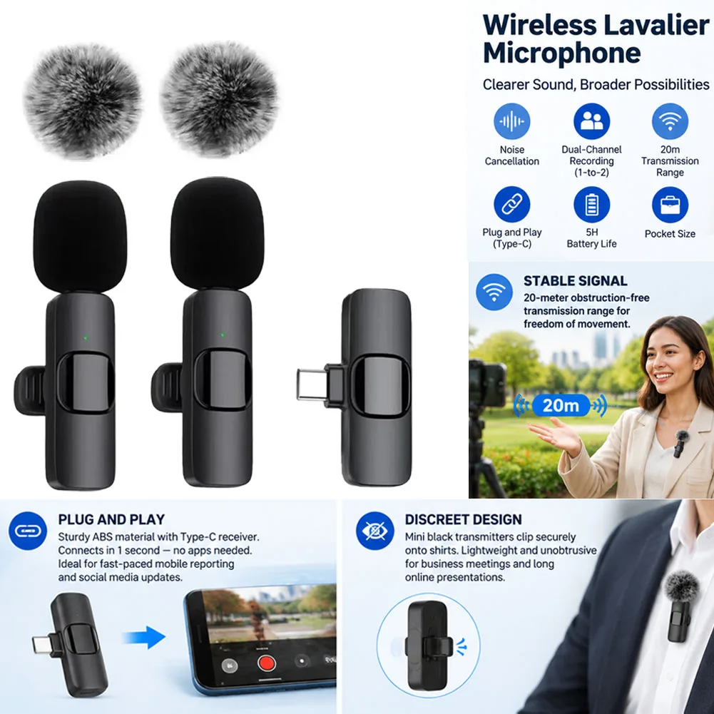 Portable Wireless Lavalier Microphone Mini Mic For iPhone Android Live Broadcast Gaming Phone Audio Video Recording Wireless Mic