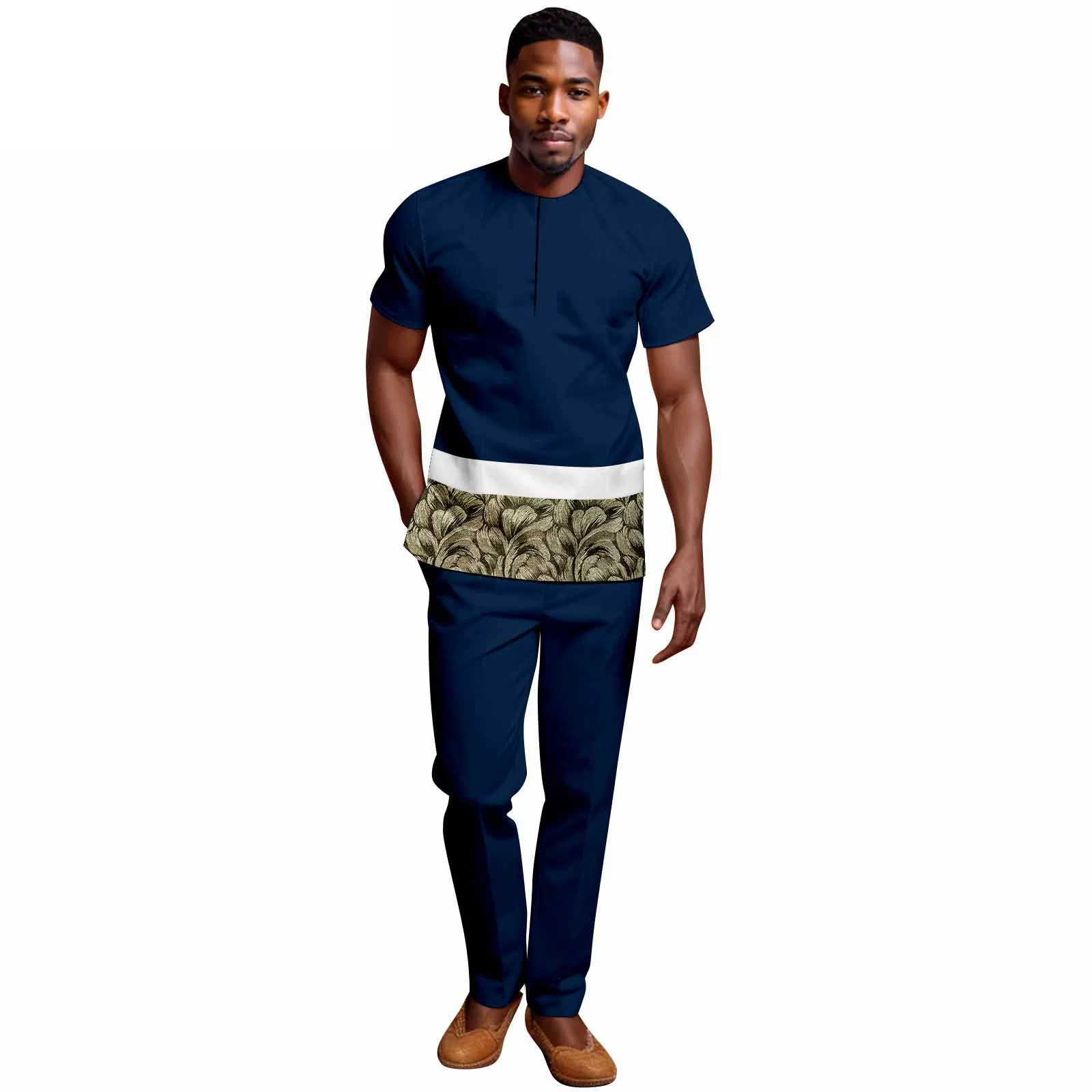 Африканский этнический однотонный хлопковый мужской повседневный костюм с короткими рукавами, топ и брюки, подходящий для разных случаев на вечеринках