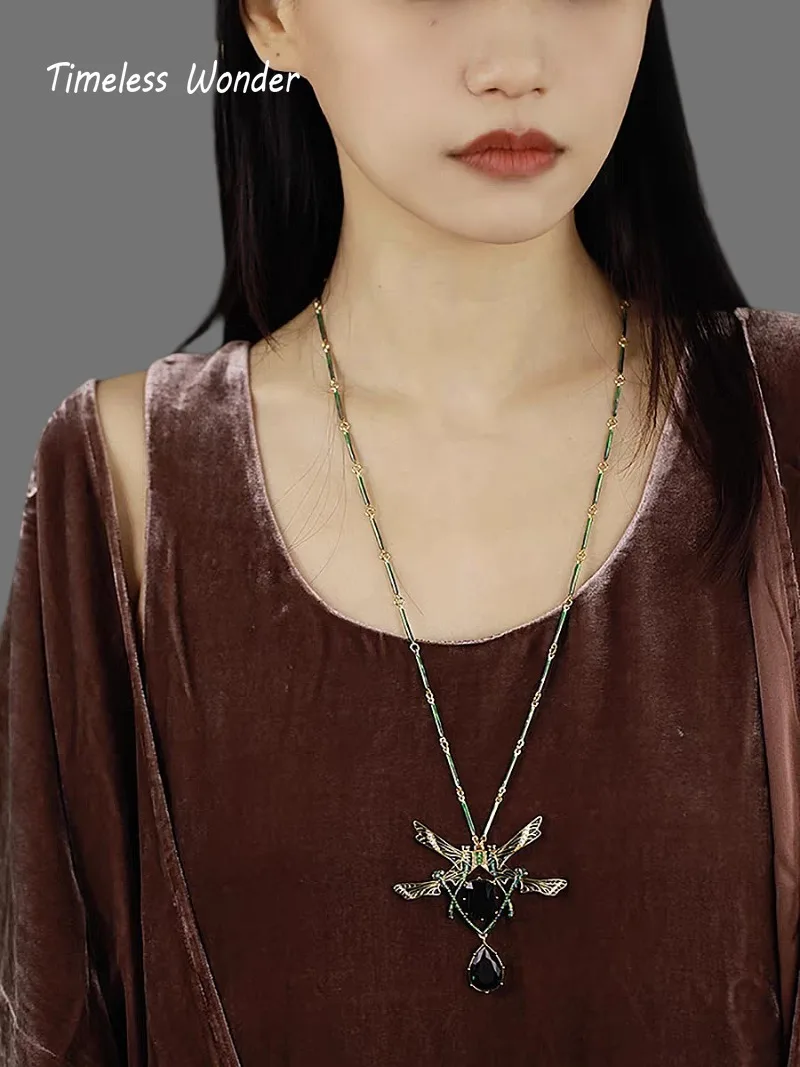Timeless Wonder Fancy Enamel Zircon Dragonfly  Pendant Necklace Women Designer Jewelry Trendy Sweet Gift 4526