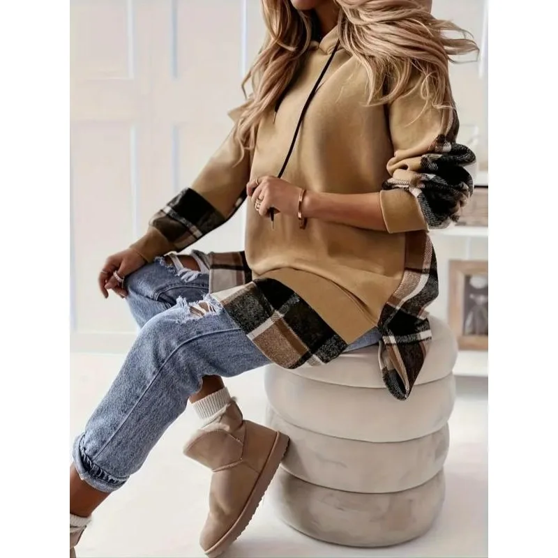 

Женский осенний модный бархатный пуловер больших размеров, женская клетчатая повседневная толстовка с капюшоном, искусственный комплект из двух предметов, топ