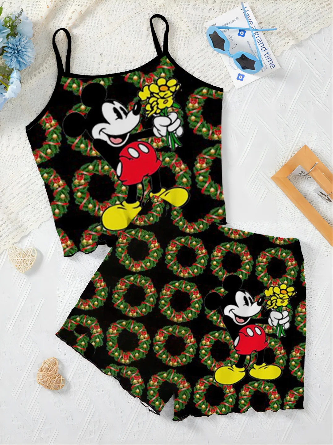 Camiseta Mickey Top Minnie Mouse elegante conjuntos de mujer pijama falda vestido deslizante Disney Navidad lechuga piezas de adorno traje corto Top