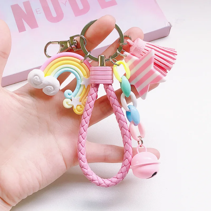 New Leather Strap Braided Rope Lollipop Tassel Keychain Lovely Cute Rainbow KeyChain For Women Girl Bell Star Bag Decoration