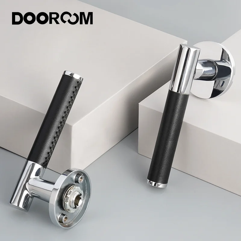 

Dooroom Brass Leather Door Lock Set Modern Italian Style Black Leather Bedroom Bathroom Double Wood Door Lever Set Dummy Handles