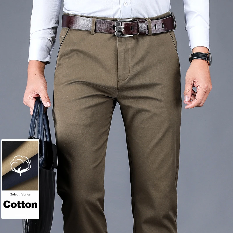 

Деловые брюки из 98% хлопка, мужские прямые саржевые повседневные брюки на четыре сезона, классические черные брюки цвета хаки с высокой талией, рабочий костюм