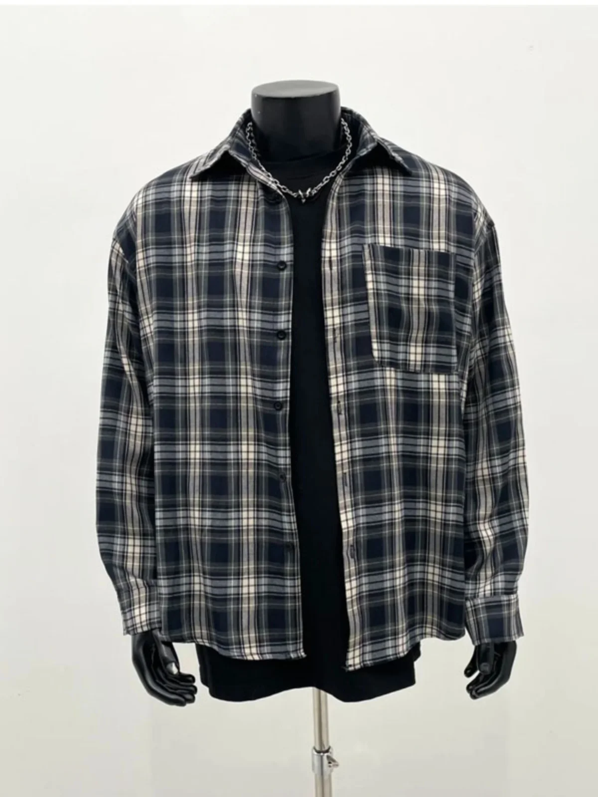 

Vintage Plaid Long Sve Men's irt American Retro Sle Spring Outerwear Loose Fit Iron-Free Procing Trendy Flip Collar