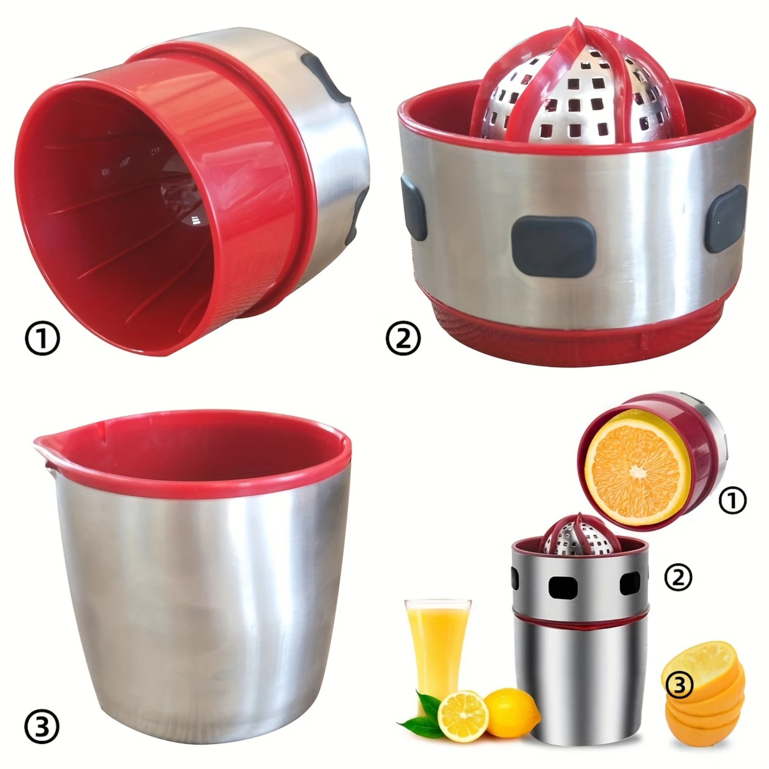 PACK Portable Manual Citrus Press Juicer - Stainless Steel Hand Citrus Juice Squeezer Extractor with Strainer and Container for 