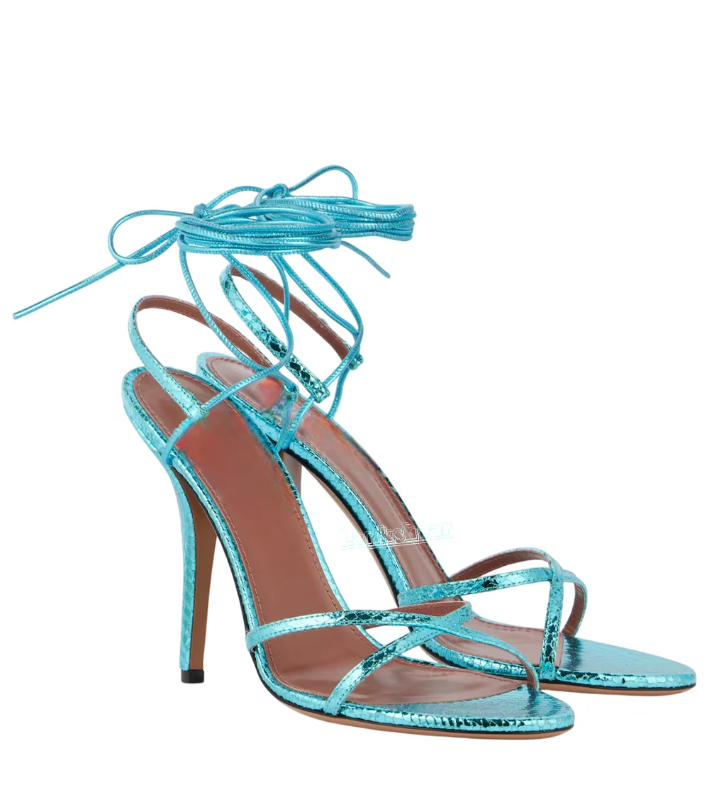 

Blue Cross Strap Women Sandals Round Open Toe Ankle Lace-up Thin High Heels Women Stilettos Solid Summer Sexy Sandals New