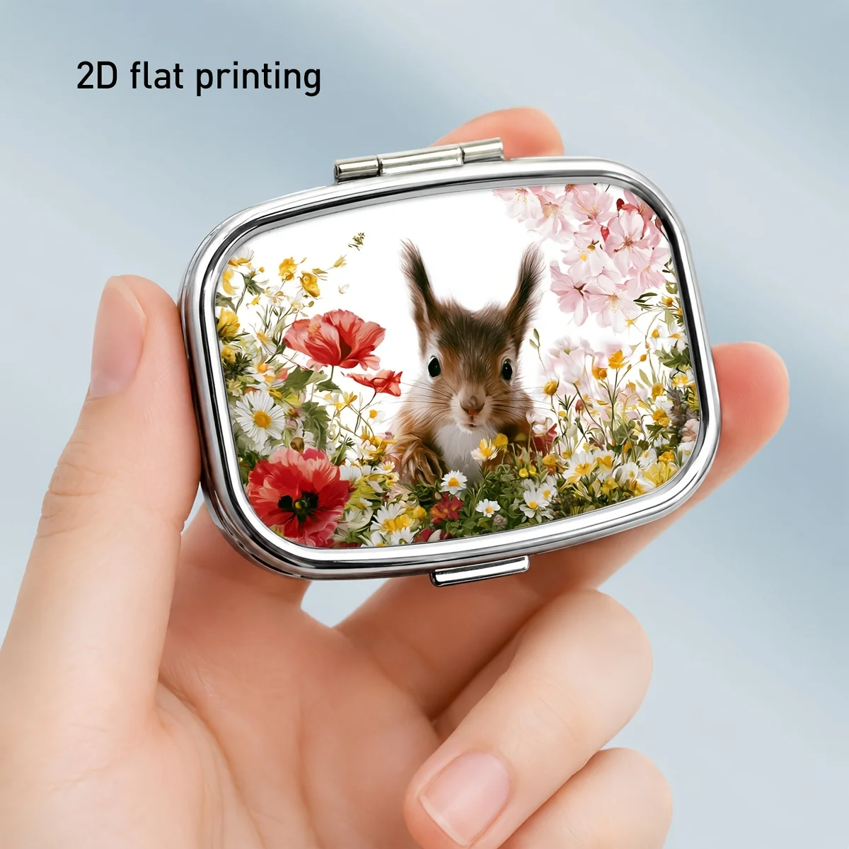 Single-Piece Package, Flat Printing, Lightweight Square Portable Box, Cherry Blossom and Squirrel Design, Exquisite and Durable Metal Casing, Two-Compartment Design, Can Hold Pills, Vitamins, and Nutritional Supplements, Size, Daily T-Style, Flat