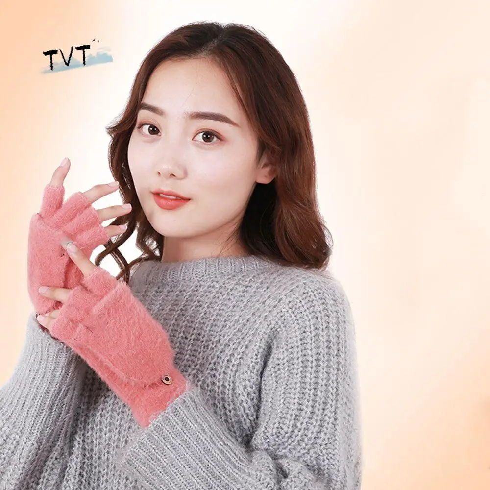

Solid Color Hand Protection Polyester Mink Cute Plush Flip Gloves Korean Style Gloves Half Finger Gloves Autumn Winter Gloves
