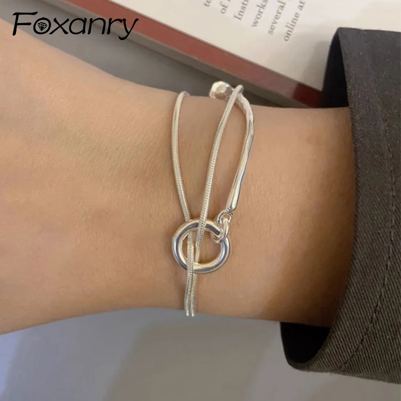 Foxanry Silver Color Irregular Snake Chain Bracelet For Women Trendy Personality Creative Hollow Round Geometric Jewelry Gifts