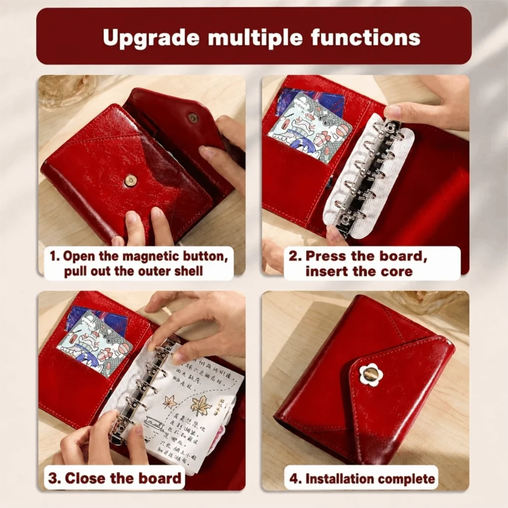 PU Leather Cover Tri-fold Envelope-Style Loose-Leaf Notebook Detachable Vintage Office Notepad with Pen Loop and Pocket