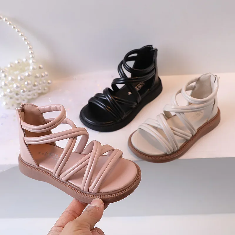 

Children Roman Sandals Open Toe Solid Girls Shoes High Top Zipper Princess Shoes Hollow Out Breathable Flat Sandals Zapatos Niña