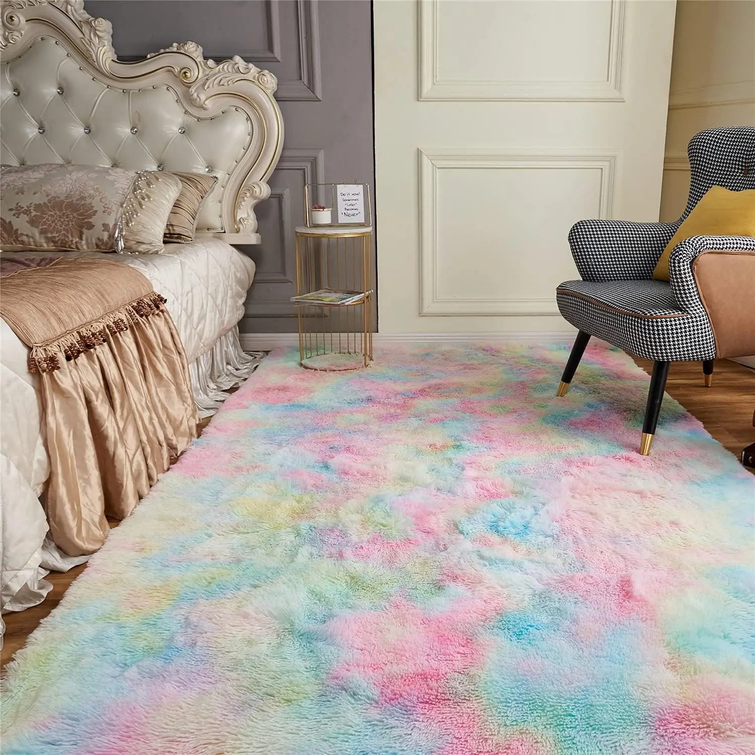 VIKAMA Tie-Dye Plush Carpet 1.3x2FT Living Room Soft Girls Bedroom Bed Blanket Children\'s Room Decorative Non-Slip Floor Mat