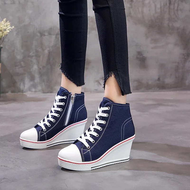 Women Wedges Badge High Top Platform Shoes Woman RED Black Casual Trainers Elevator Shoe High Heels Canvas Shoes Eur 35-43