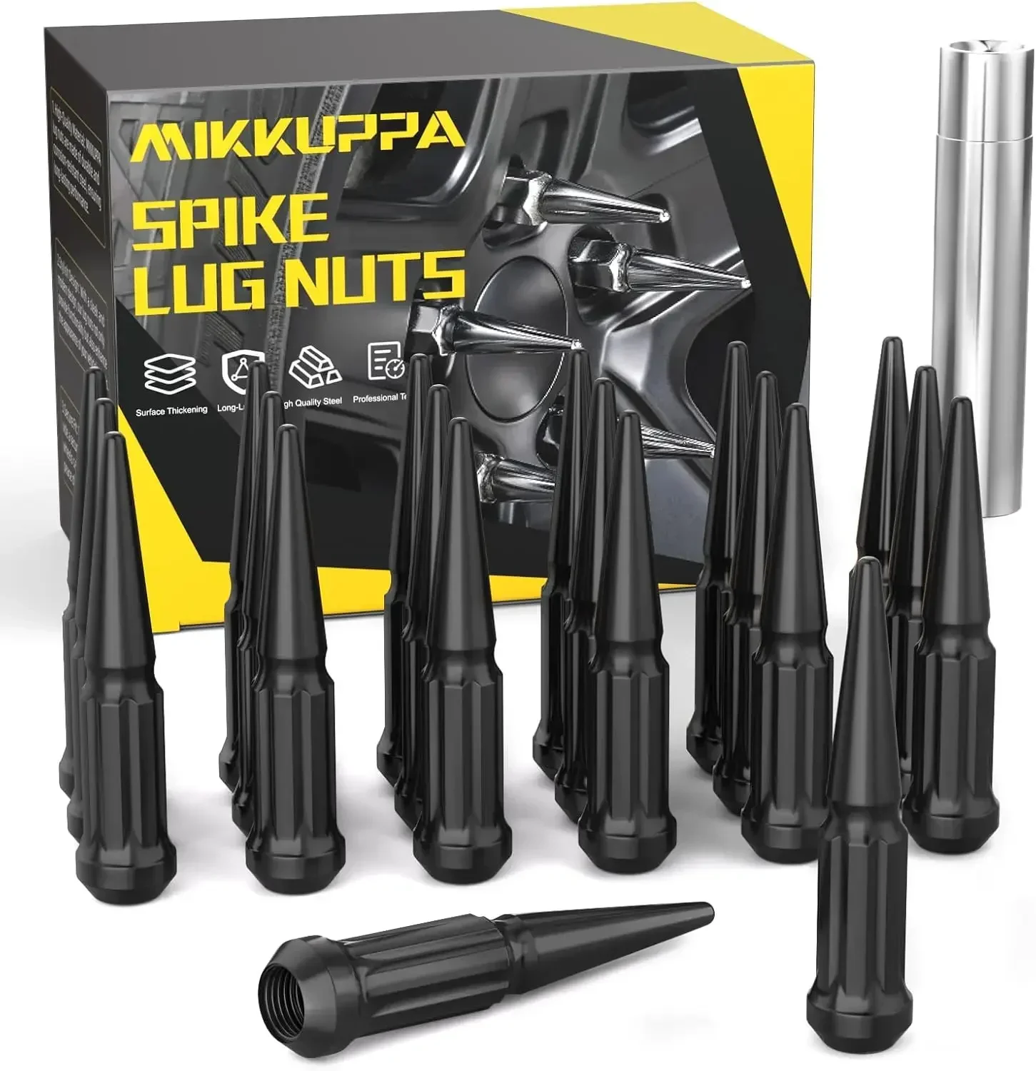 MIKKUPPA 20pcs 1/2-20 Wheel Spike Lug Nuts, Black Spike Lug Nuts Solid 4.4