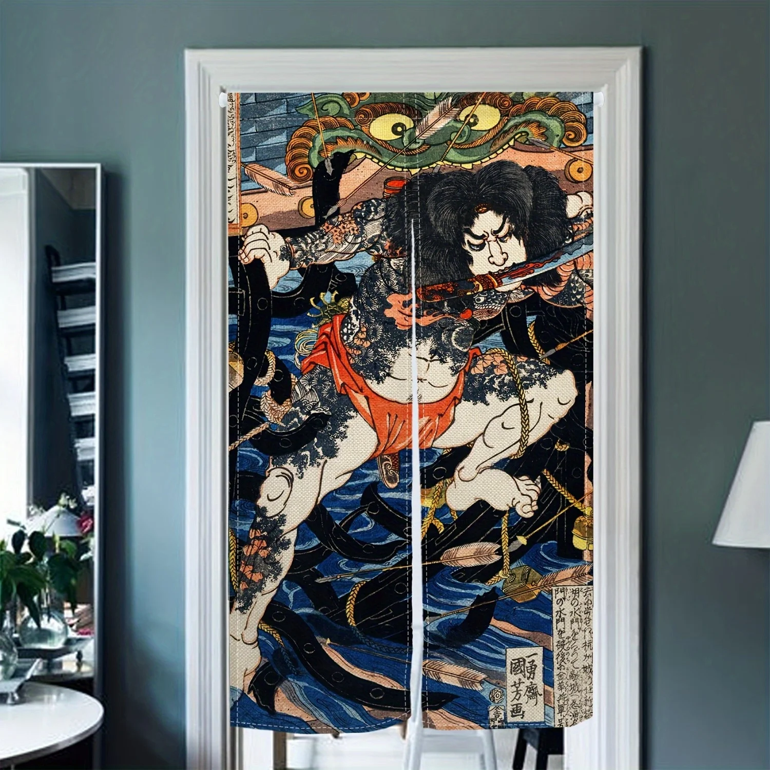 Japanese Samurai Warrior Door Curtain Ukiyo E Art Decor Traditional Tattoo Style Partition for Home