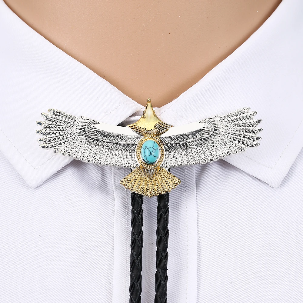 

Western cowboy bolo tie silver gold eagle natural turquoise leather collar rope unisex casual clothing accessories