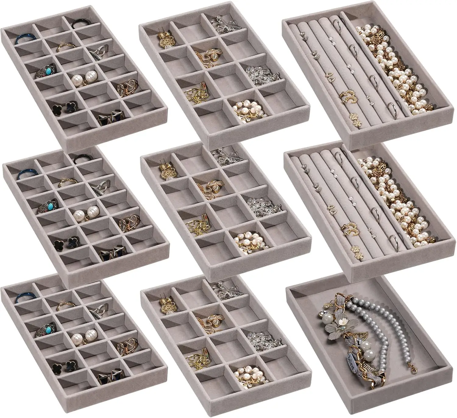 LUNEVA Store Frebeauty Jewelry Organizer Tray,Stackable Velvet Jewelry Trays,Drawer Inserts Earring Organizer For Women Jewelry Storage Display Case for Rings Stud Necklaces,Set of 9(Grey)